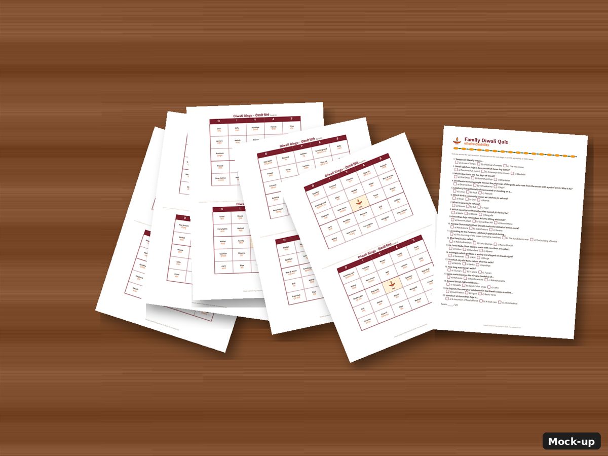 Diwali bingo and quiz cards on a family table