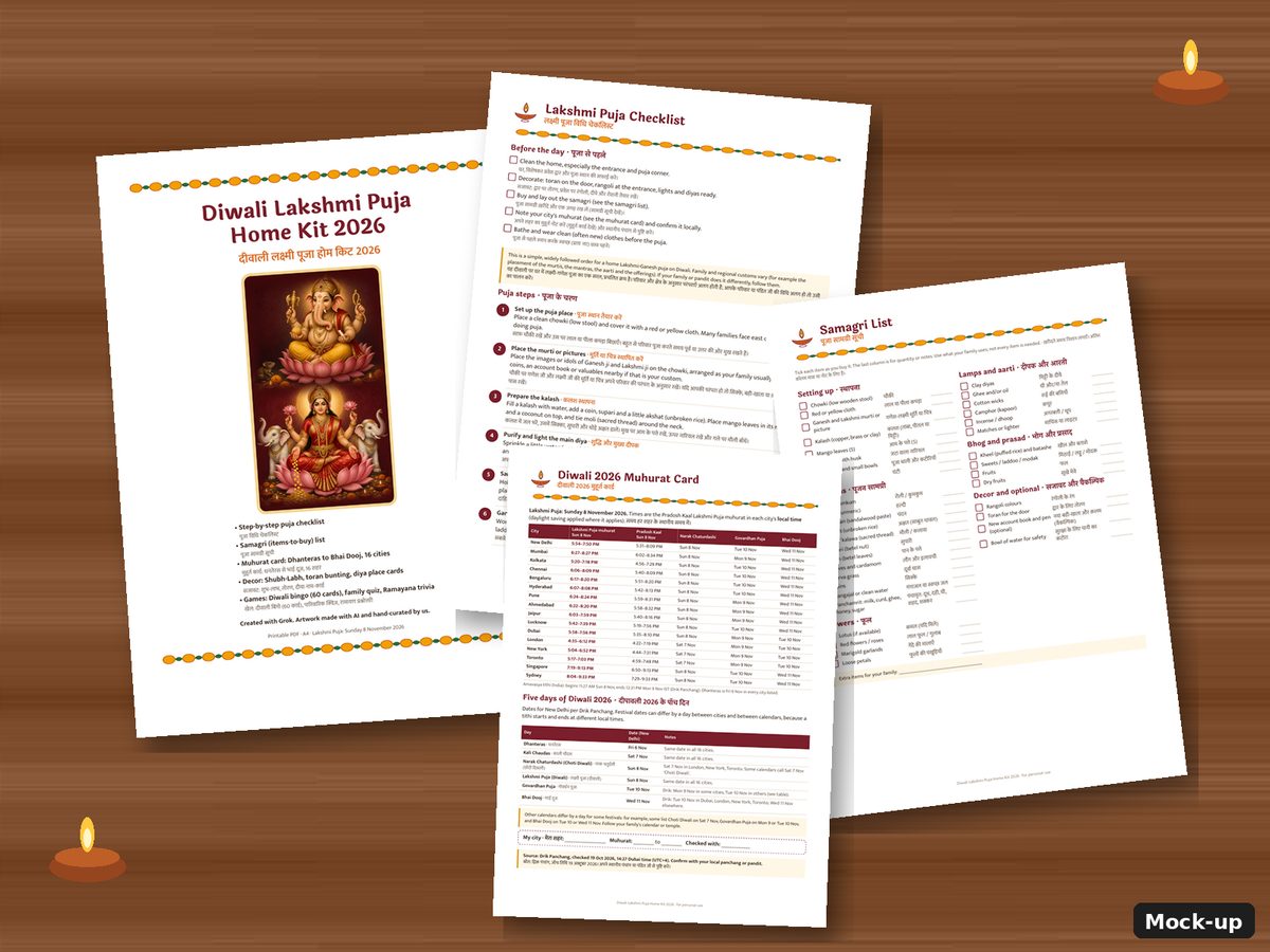 Printed pages of the Diwali Lakshmi Puja Home Kit laid out on a table