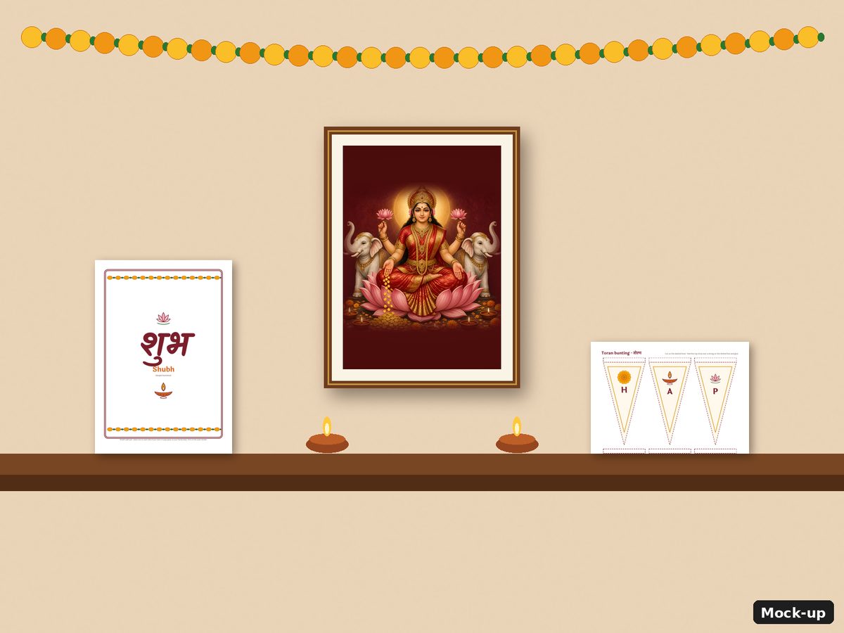 Printed shubh-labh and diya cards on a puja shelf